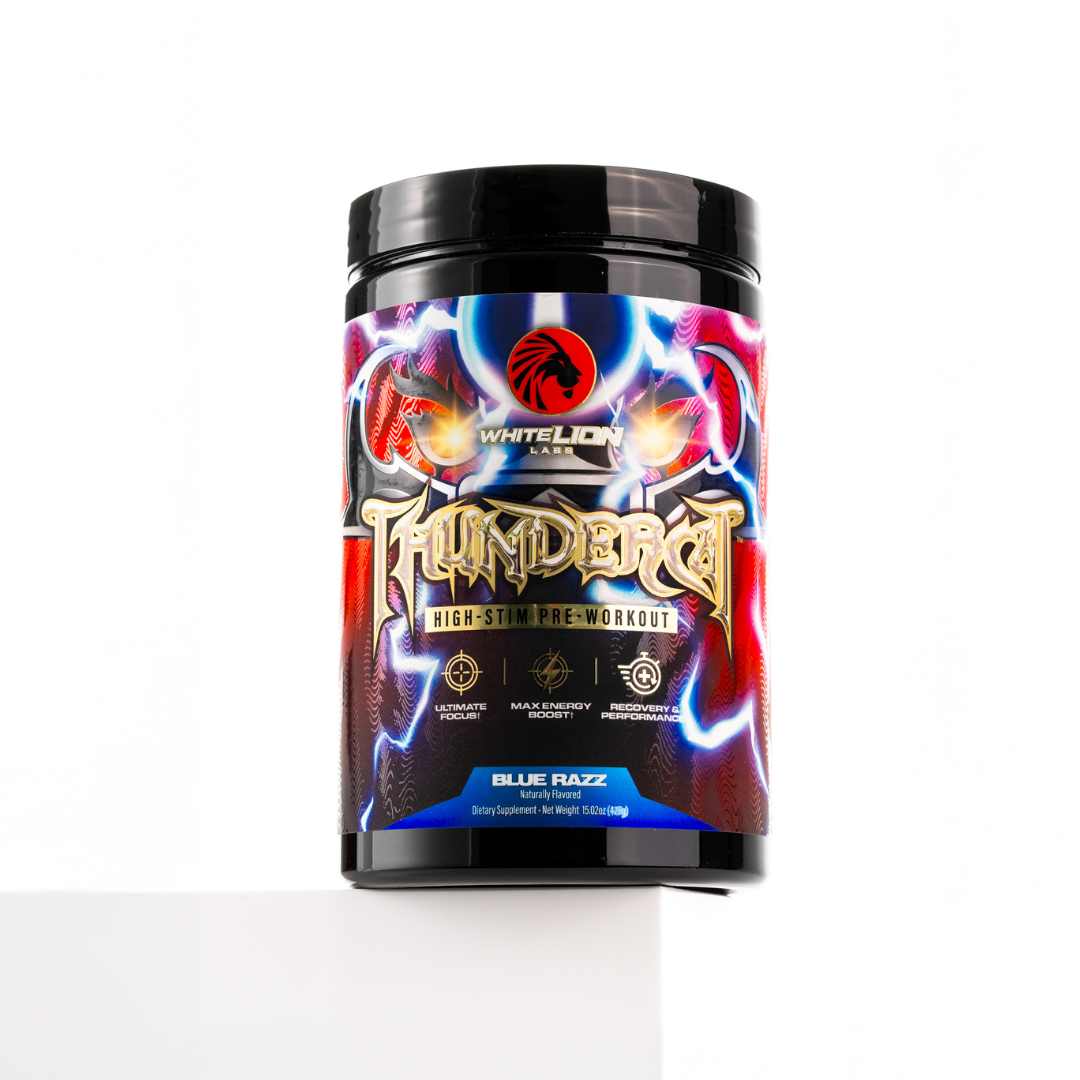 Jar of Thundercat High-Stim Pre-Workout powder with Blue Razz label